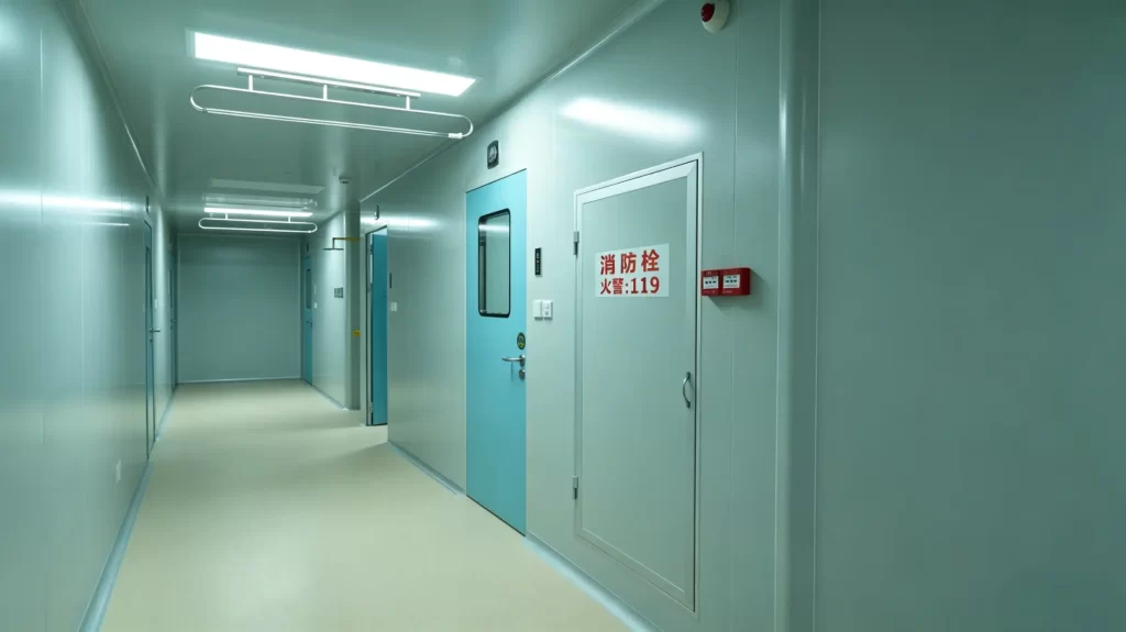 A sterile pharmaceutical corridor with FDA compliant cleanroom doors, featuring light blue entry doors and fire safety equipment.