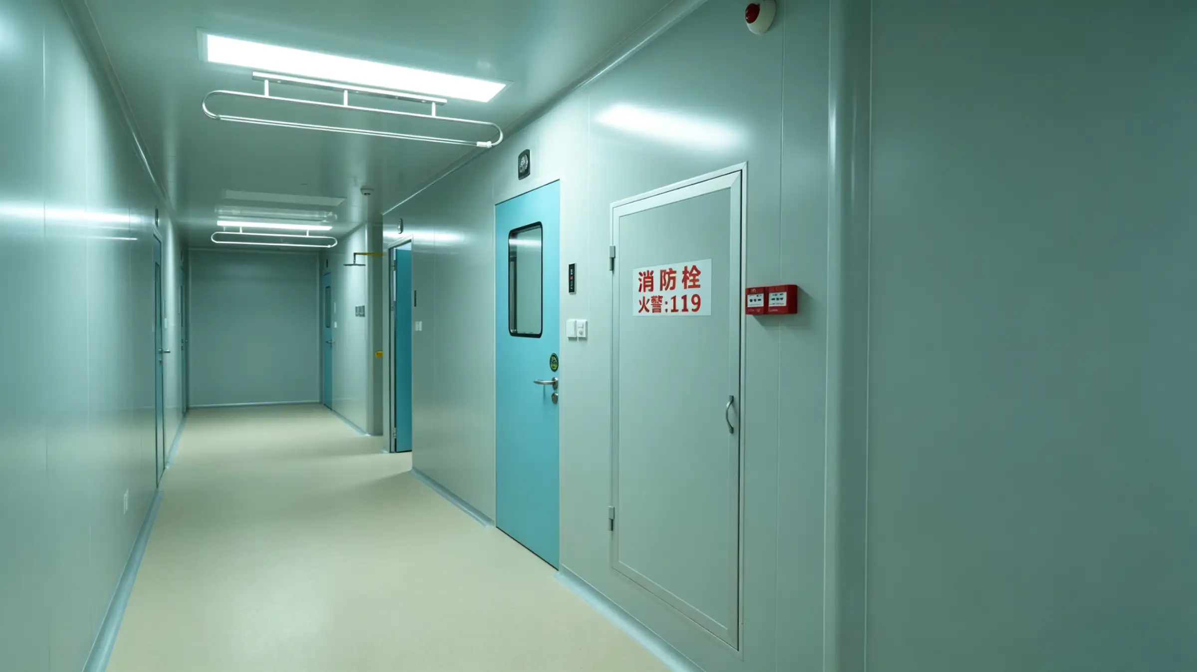 A sterile pharmaceutical corridor with FDA compliant cleanroom doors, featuring light blue entry doors and fire safety equipment.