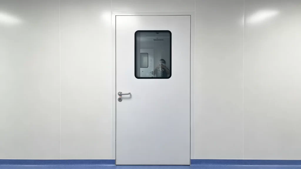 White pharmaceutical cleanroom door with rectangular viewing window, stainless steel handle as part of cleanroom door hardware, installed in clean environment with blue flooring
