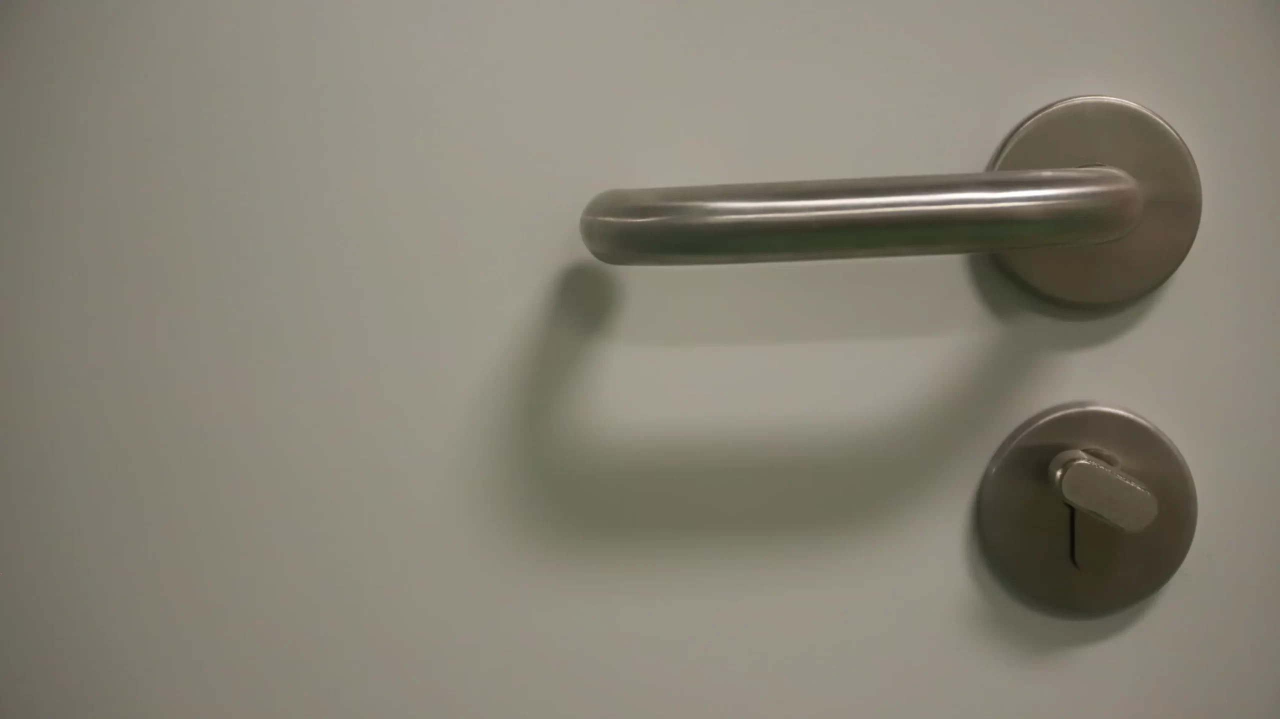 Close-up of stainless steel cleanroom door hardware showing cylindrical handle and circular mounting plate, demonstrating hygienic design for pharmaceutical facilities