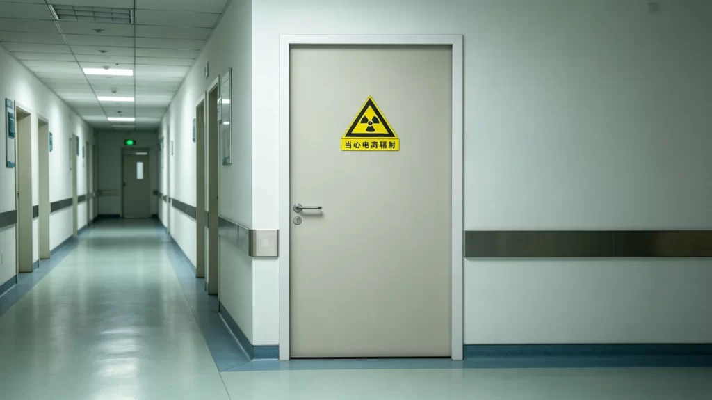 Radiation shielding swing door with ionizing radiation warning sign inside clean hospital radiology corridor, anti-collision wall rails and glossy medical flooring, standard lead-lined X-ray room entrance.