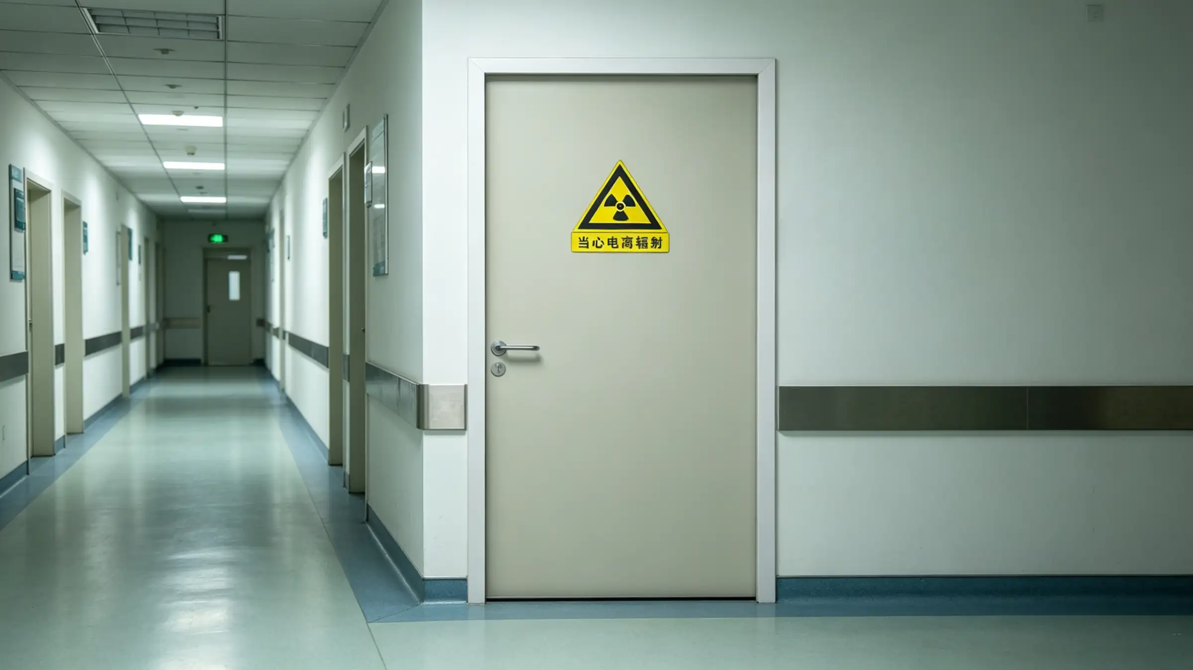 Radiation shielding swing door with ionizing radiation warning sign inside clean hospital radiology corridor, anti-collision wall rails and glossy medical flooring, standard lead-lined X-ray room entrance.