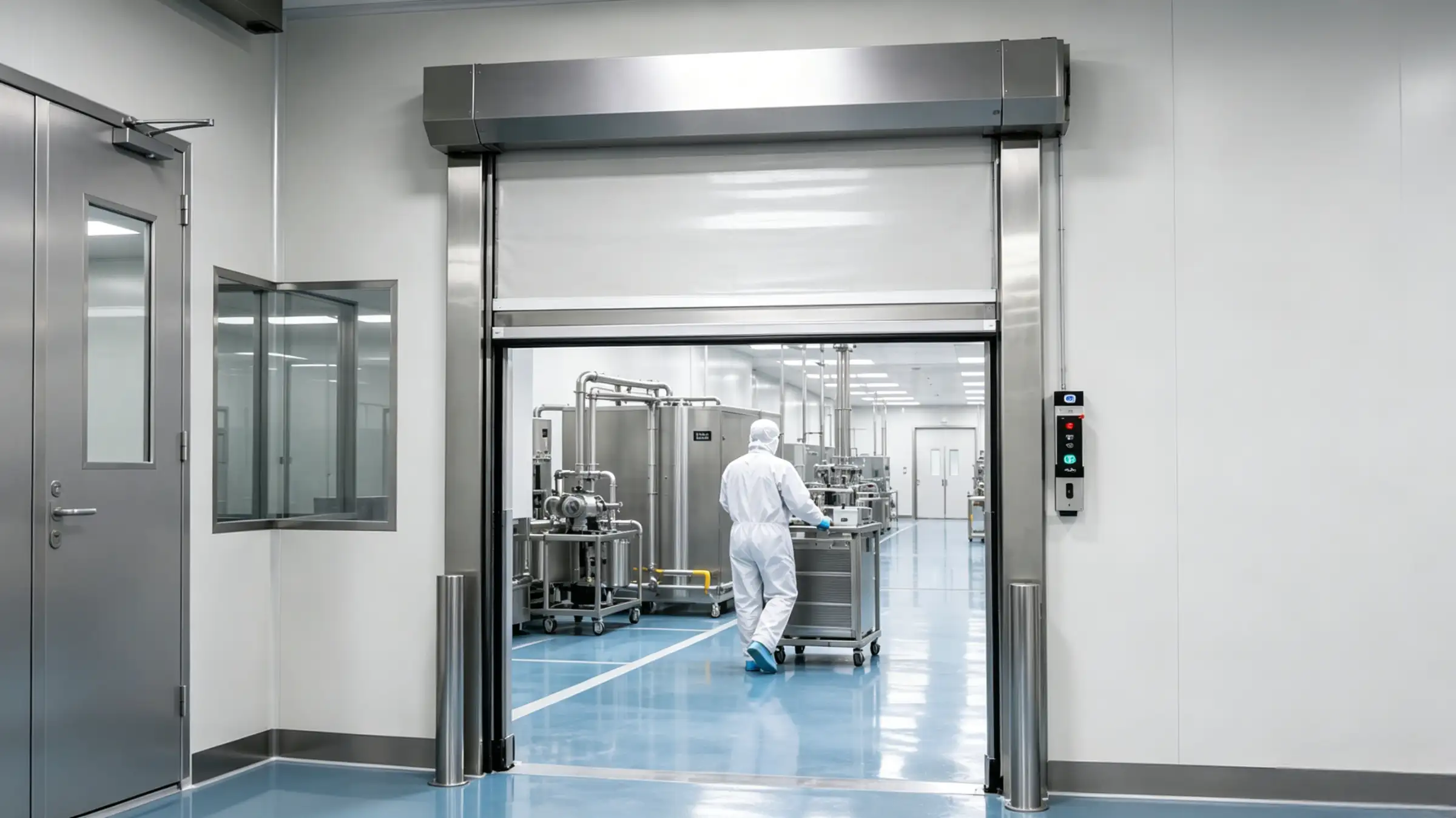 Worker moving a stainless steel cart through a cleanroom roll-up door in a pharmaceutical production area.