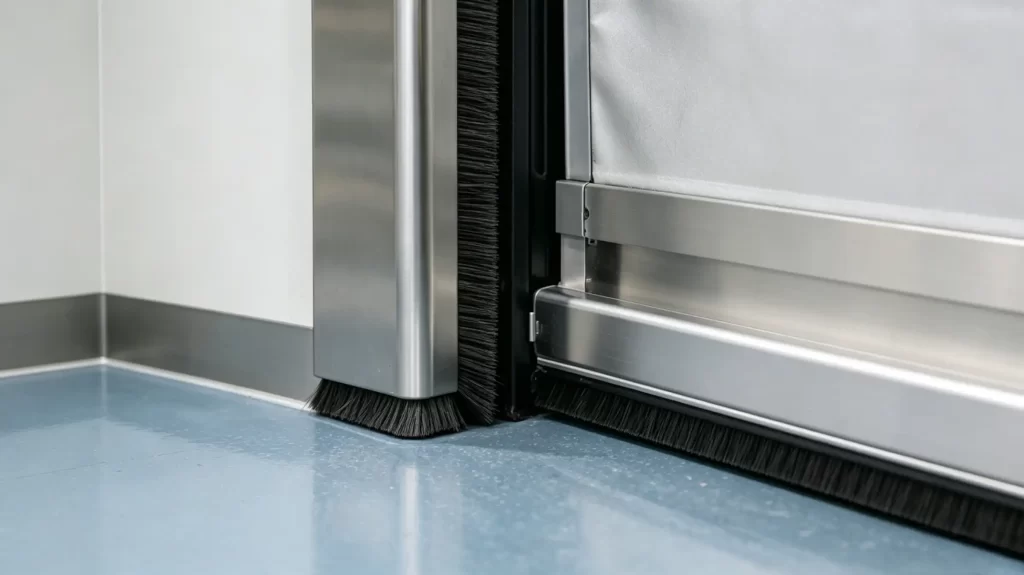 Close-up of cleanroom roll-up door side brush seals and bottom gasket ensuring airtight contamination control.