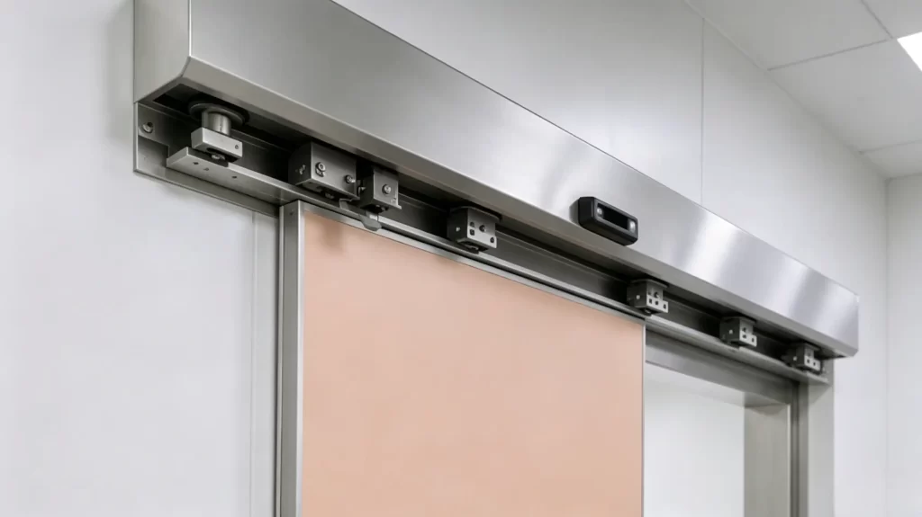 Close-up shot of stainless steel overhead track and roller hardware of pink automatic medical sliding cleanroom door mounted on white wall.