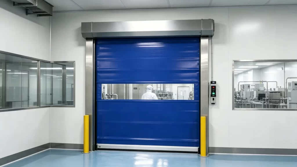 High-speed blue cleanroom roll-up door with vision panel installed in a controlled manufacturing environment.