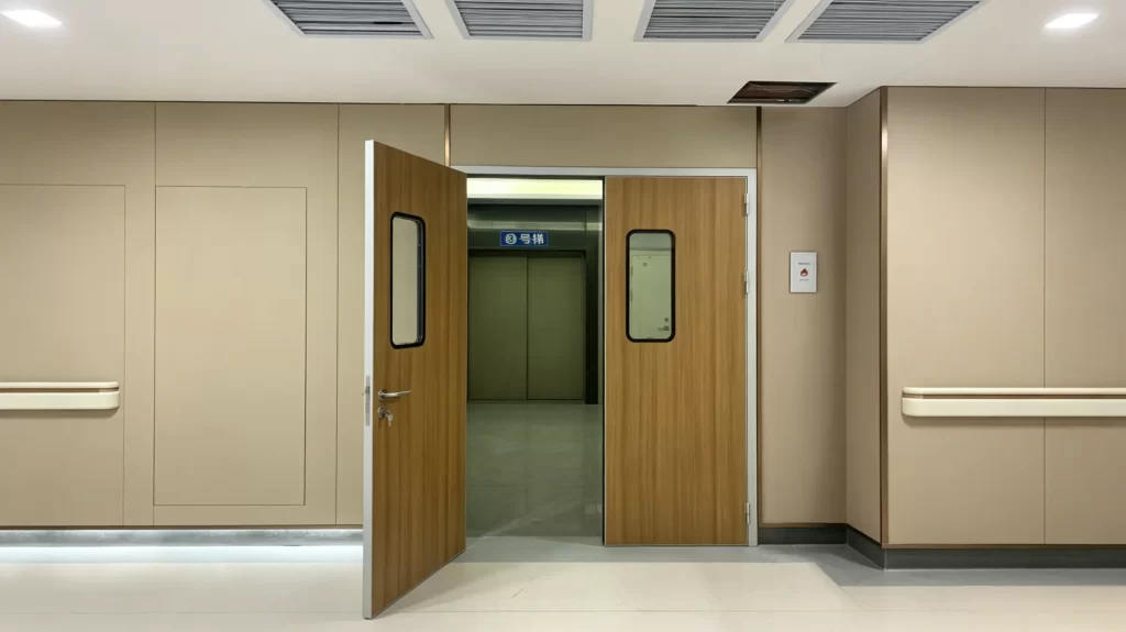 Wooden hospital double doors with glass view panels; one door open revealing elevator lobby with "No.3 Elevator" sign.