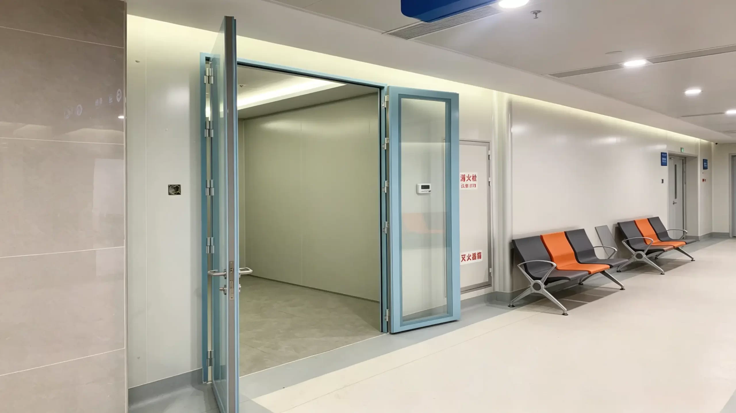 Clean hospital corridor with blue-framed glass double doors, waiting chairs, and fire cabinet in a clinical setting.