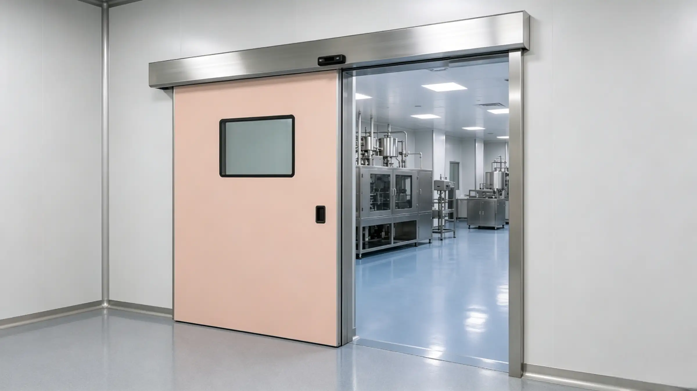 Light pink automatic sliding cleanroom door with stainless steel frame and observation window, partially open to reveal pharmaceutical production equipment inside clean workshop.
