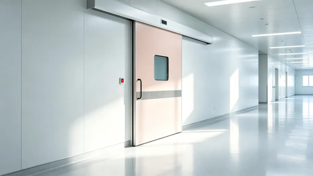 A clean, modern hospital corridor featuring a closed, pink sliding hygienic door with a rectangular window, under bright, even lighting.