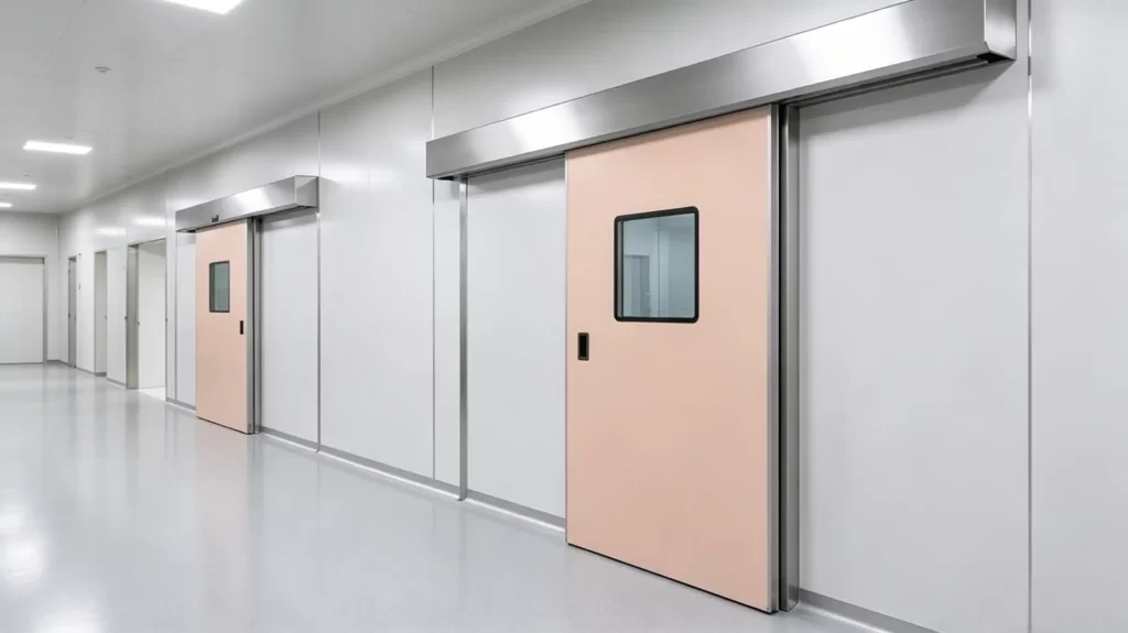 Multiple light pink stainless steel framed automatic sliding cleanroom doors arranged along bright white clean hospital corridor with smooth grey flooring.