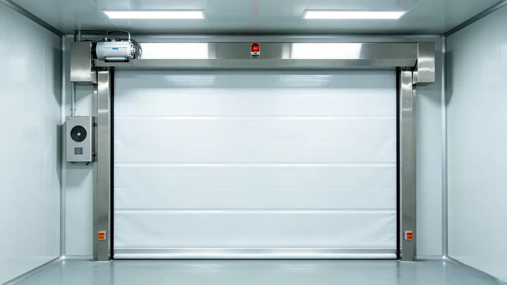 A closed, white rapid roll door installed in a stainless steel frame within a clean, well-lit industrial or food processing plant environment.