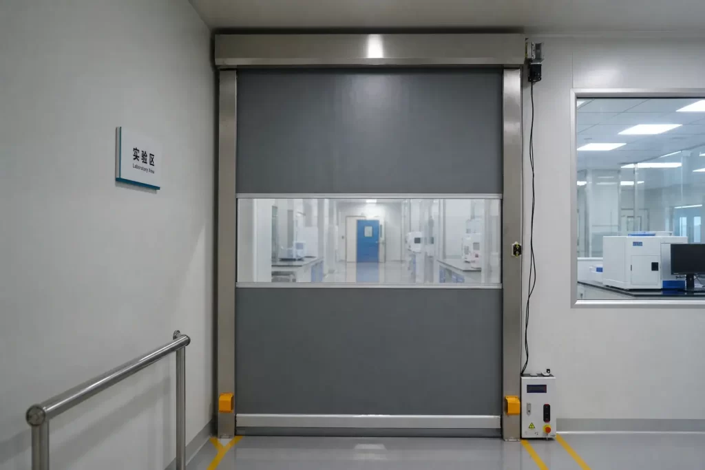 High-Speed Hygienic Doors: Grey PVC rapid roll door with stainless steel frame and observation window inside food lab cleanroom, automatic control box for food production hygiene zone.