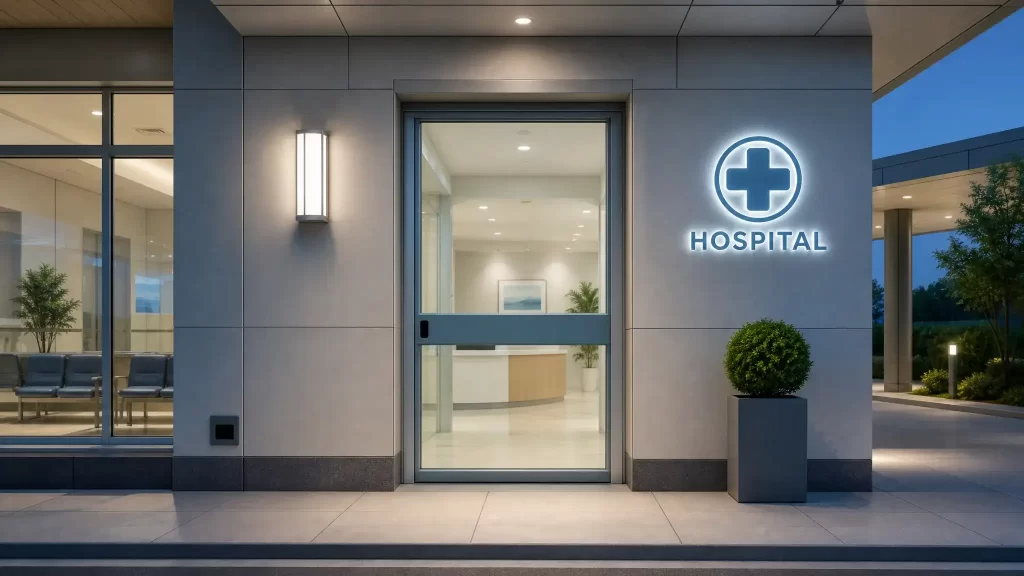 Realistic dusk view of modern Hospital Entrance Doors, gray frame hermetic automatic glass door, glowing hospital cross logo, clean lobby interior, minimalist hospital exterior with planters and wall lamps.