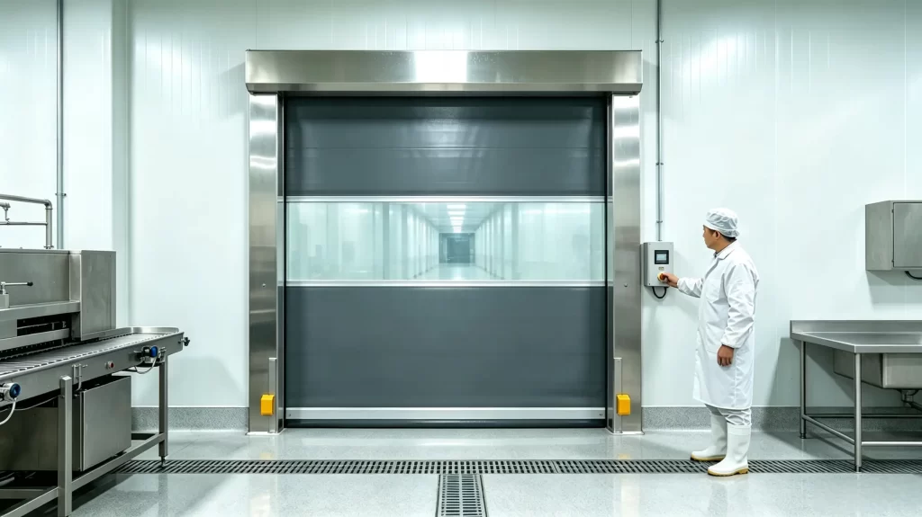 Stainless steel framed high speed roll door inside food processing cleanroom, worker in hygiene uniform operates control panel, transparent viewing section reveals rear corridor, hygienic pharmaceutical facility interior.