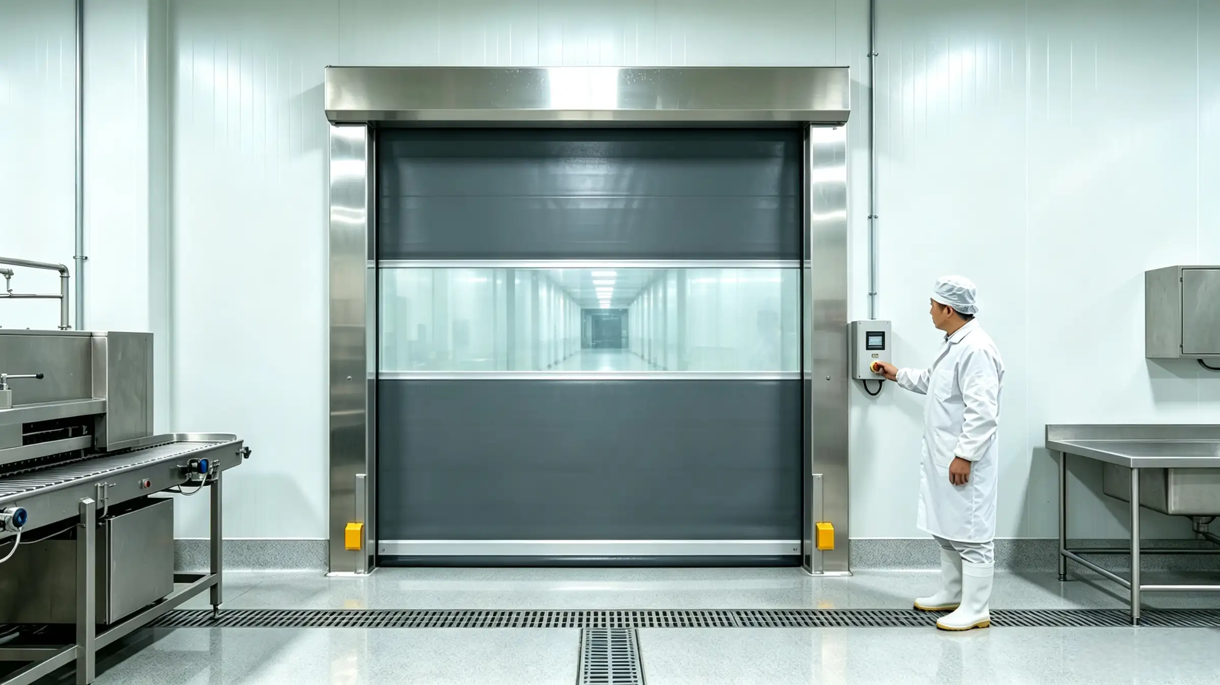 Stainless steel framed high speed roll door inside food processing cleanroom, worker in hygiene uniform operates control panel, transparent viewing section reveals rear corridor, hygienic pharmaceutical facility interior.