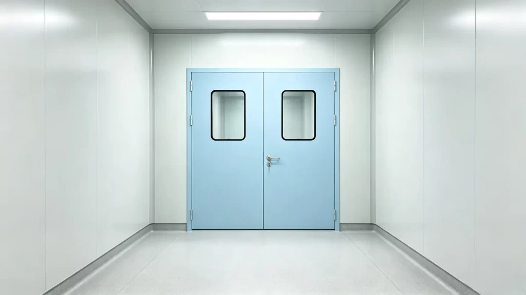 Light blue flush double swing impact resistant cleanroom door with square viewing windows, seamless white modular cleanroom wall panels, sterile gray flooring, minimalist controlled environment corridor