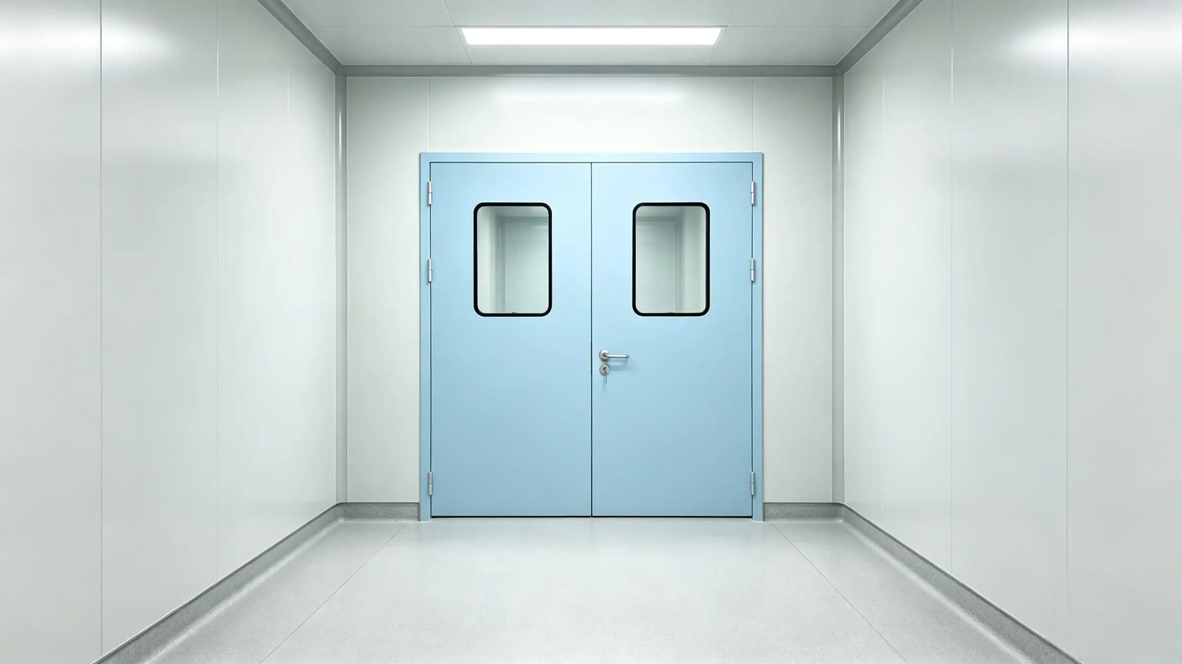 Light blue flush double swing impact resistant cleanroom door with square viewing windows, seamless white modular cleanroom wall panels, sterile gray flooring, minimalist controlled environment corridor