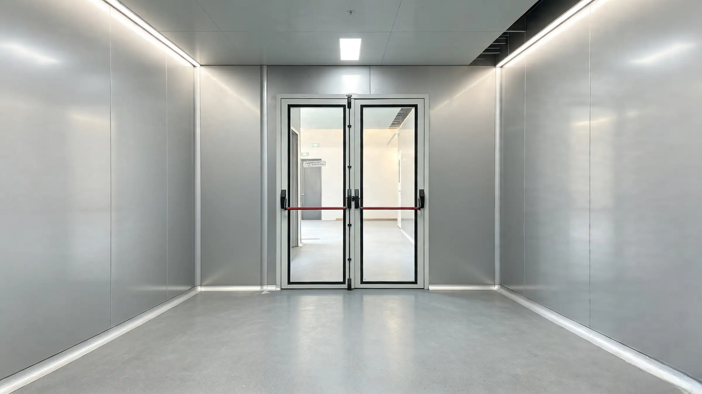Double full glass emergency exit door for cleanroom, equipped with red push bar panic hardware, aluminum frame, fire escape safety door used in pharmaceutical and laboratory clean workshop.