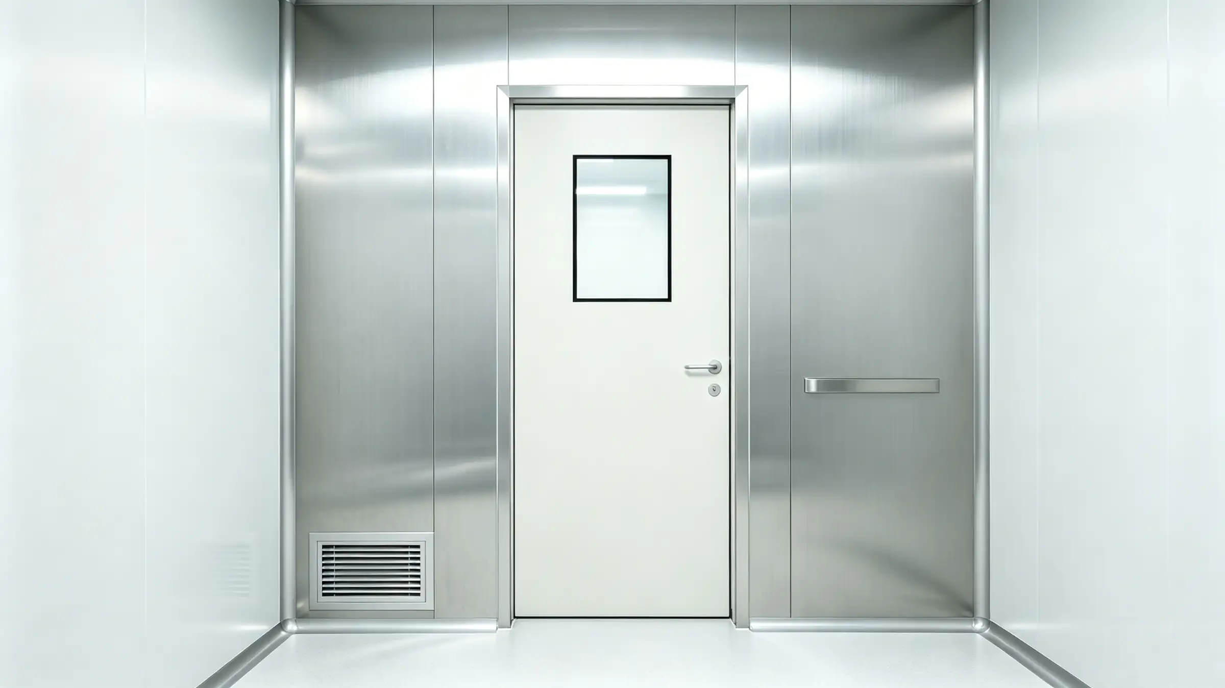 Flush flush-mounted cleanroom single door with recessed hidden frame, concealed hinges, central double-glazed observation window, stainless steel cleanroom wall, side return air grille, smooth seamless surface for pharmaceutical GMP sterile environment.