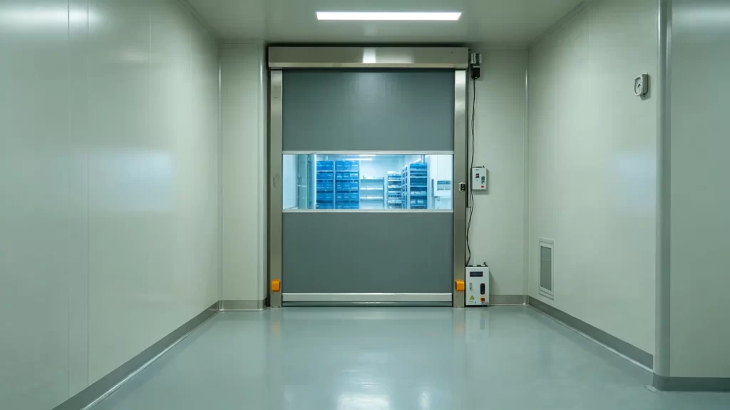 Insulated high-speed roll-up door installed in a cleanroom and cold storage transition area, featuring stainless steel frame, airtight seals, modular wall panels, controlled lighting and industrial facility background.