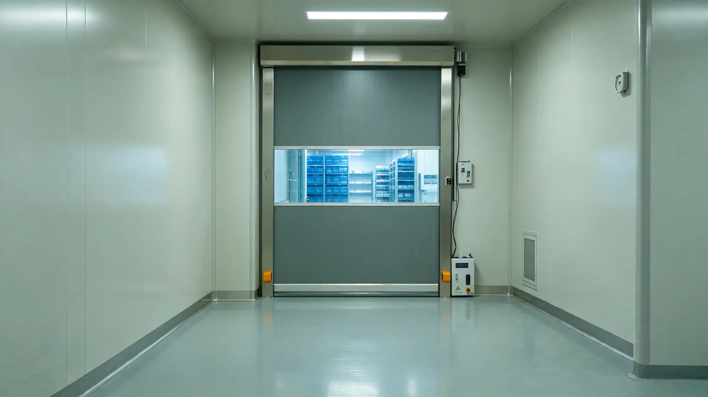 Insulated high-speed roll-up door installed in a cleanroom and cold storage transition area, featuring stainless steel frame, airtight seals, modular wall panels, controlled lighting and industrial facility background.