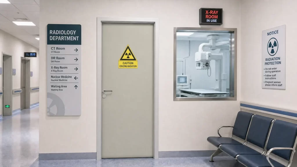 Radiation shielding door, single leaf lead lined X-ray room door in hospital radiology corridor, ionizing radiation warning label, lead glass observation window, waiting chairs and radiology directional signs.