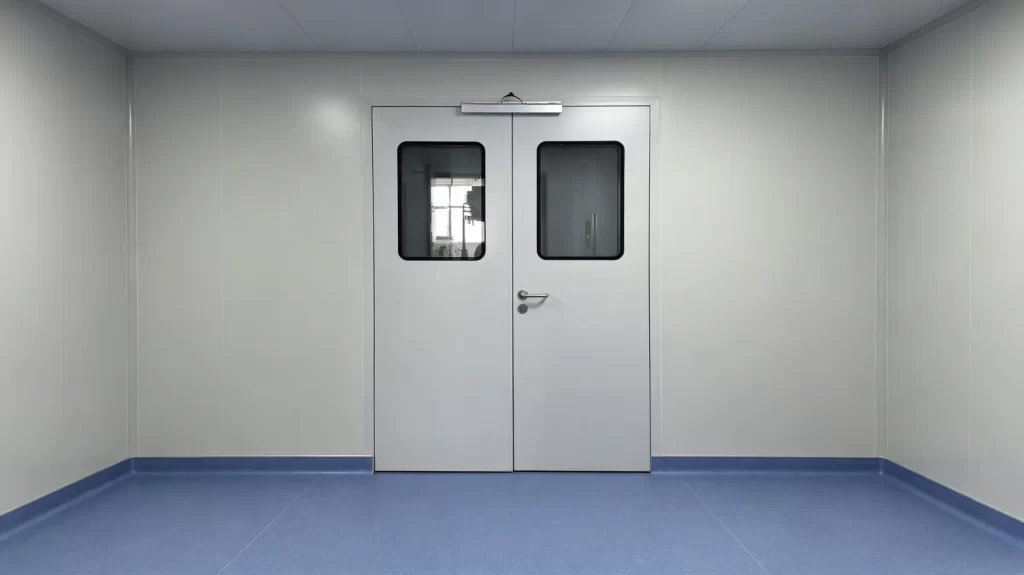 White stainless steel double doors with viewing windows and a closer mechanism in a room with white walls and blue flooring.