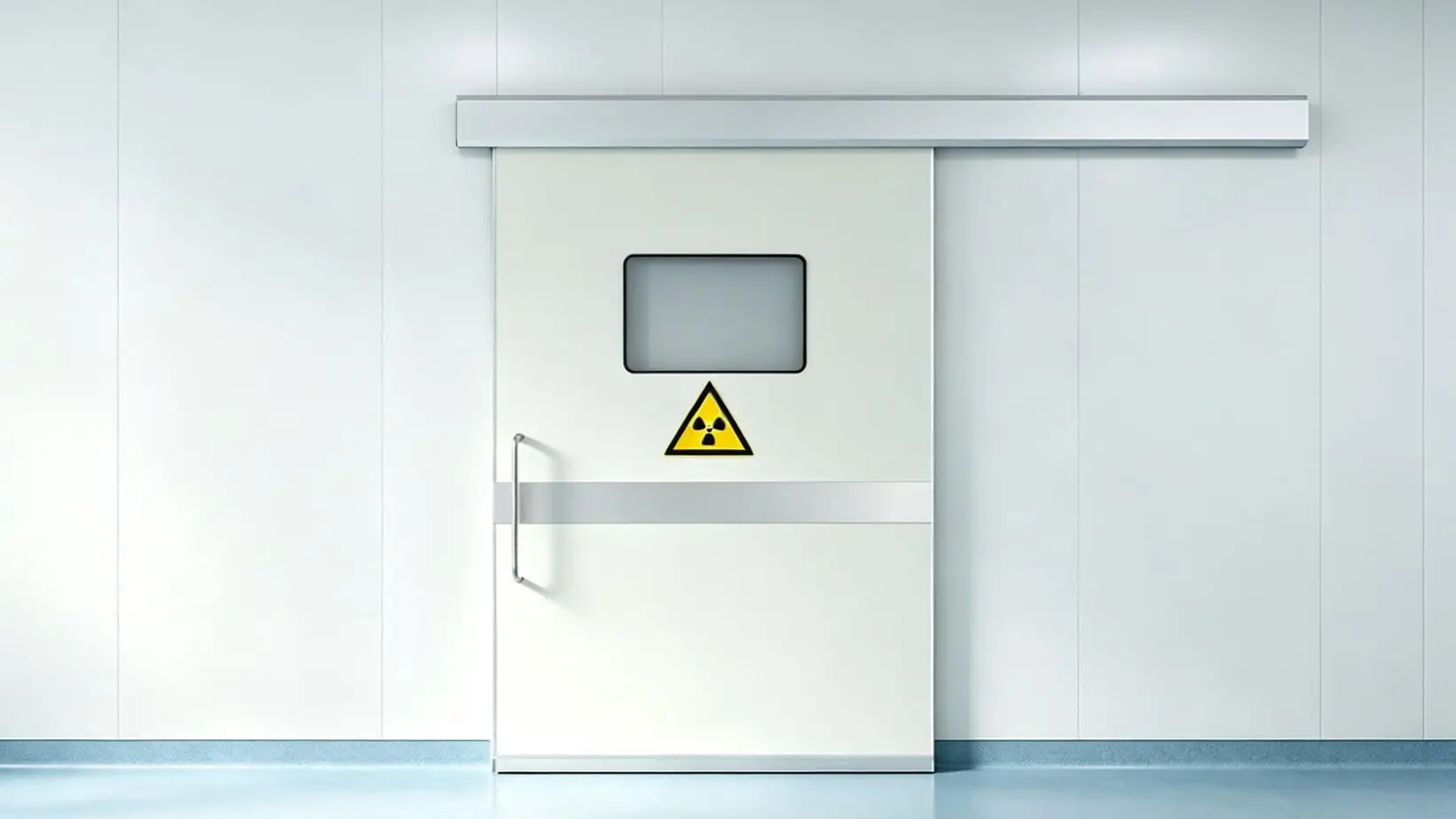 Automatic lead-lined sliding X-ray room door featuring a rectangular radiation-shielded vision window and warning sign installed in a medical radiology facility