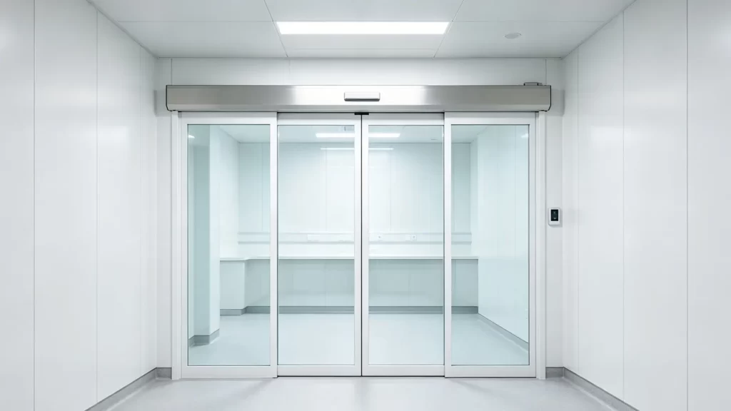 Fully automated double glass sliding door installed in a cleanroom environment with white panel walls and integrated digital access control.