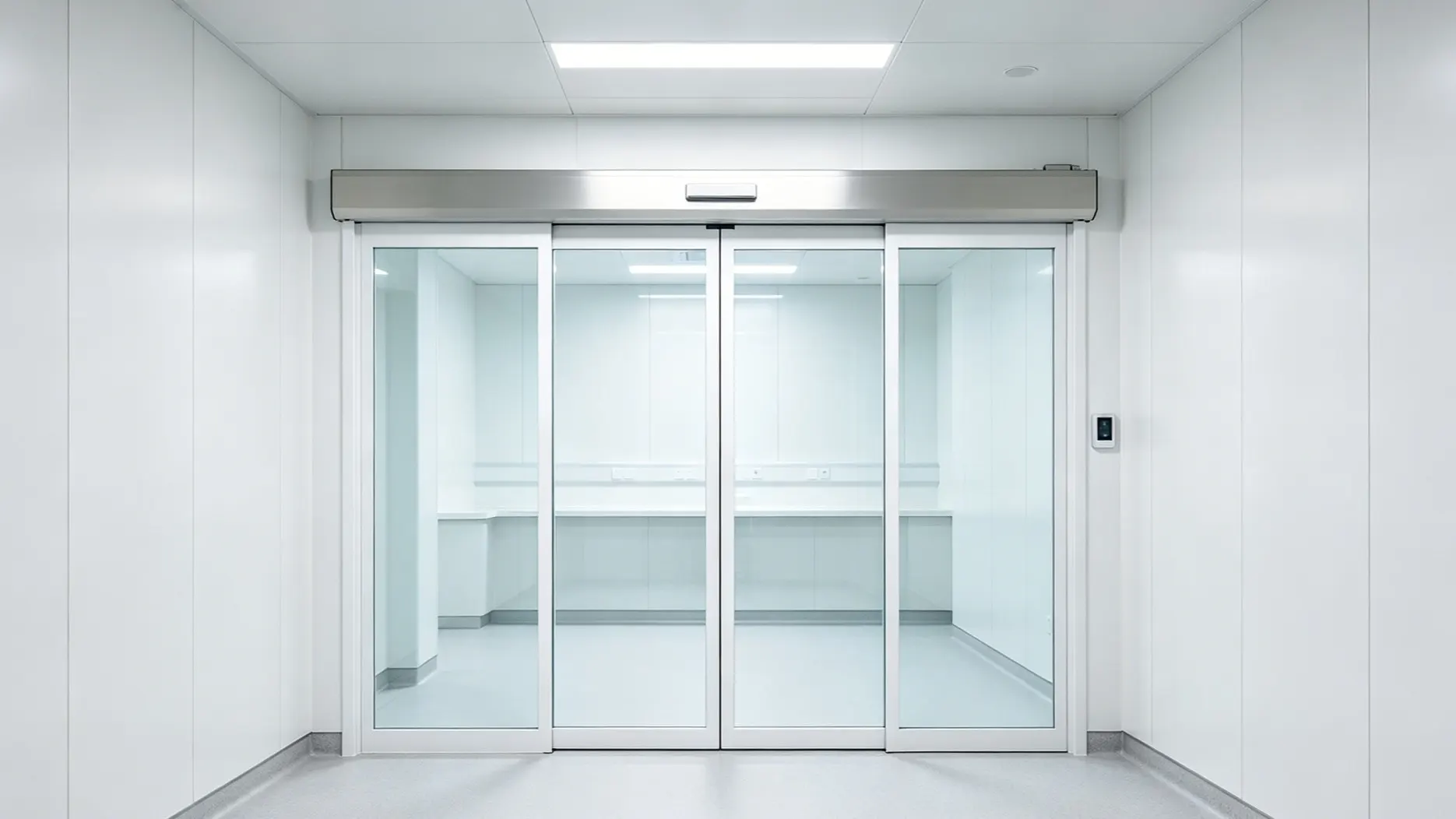 Fully automated double glass sliding door installed in a cleanroom environment with white panel walls and integrated digital access control.
