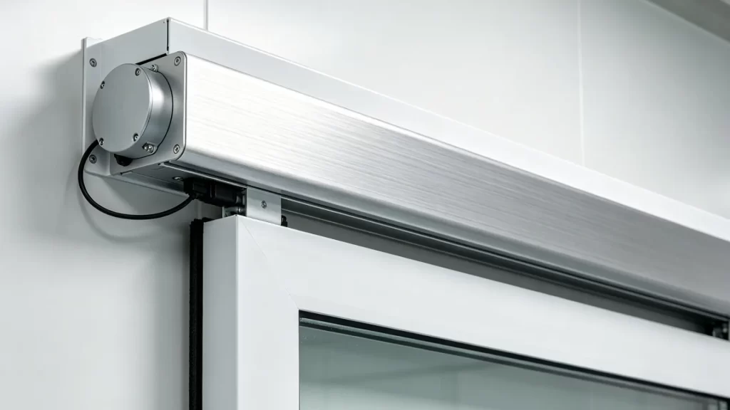 Close-up of an electronic glass door operator drive motor and top track mechanism mounted on a cleanroom door frame.