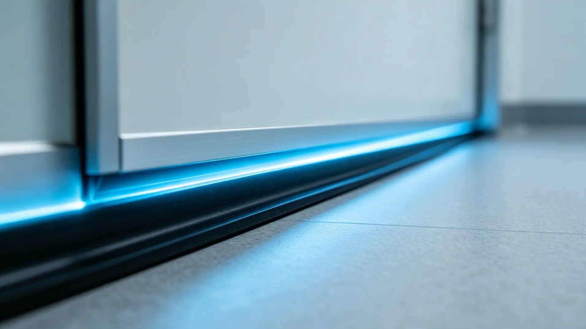 A close-up shot of an airtight cleanroom door bottom drop-down seal featuring illuminated blue LED status lighting on a clean laboratory floor