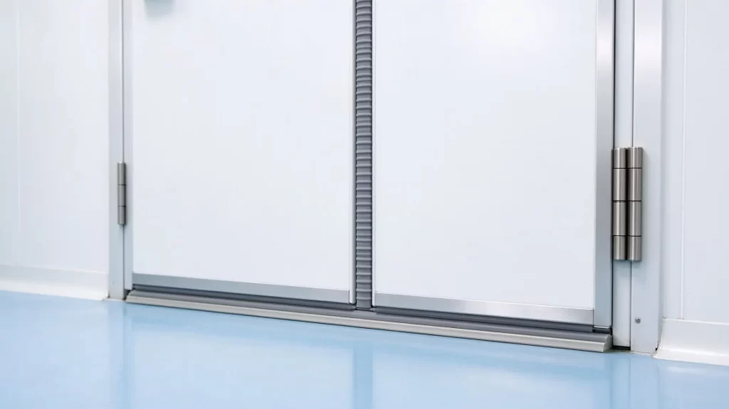 Bottom close-up of a white cleanroom double door showcasing the central sealing meeting stile, heavy-duty stainless steel hinges, and drop-down floor seal.