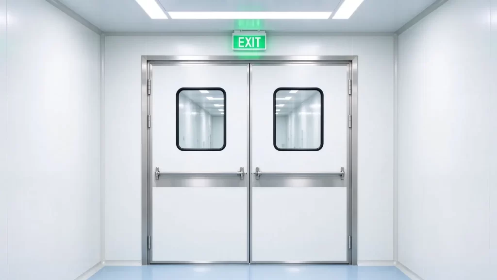 A white double fire exit door with stainless steel panic push bars, flush vision panels, and an illuminated EXIT sign in a cleanroom corridor.
