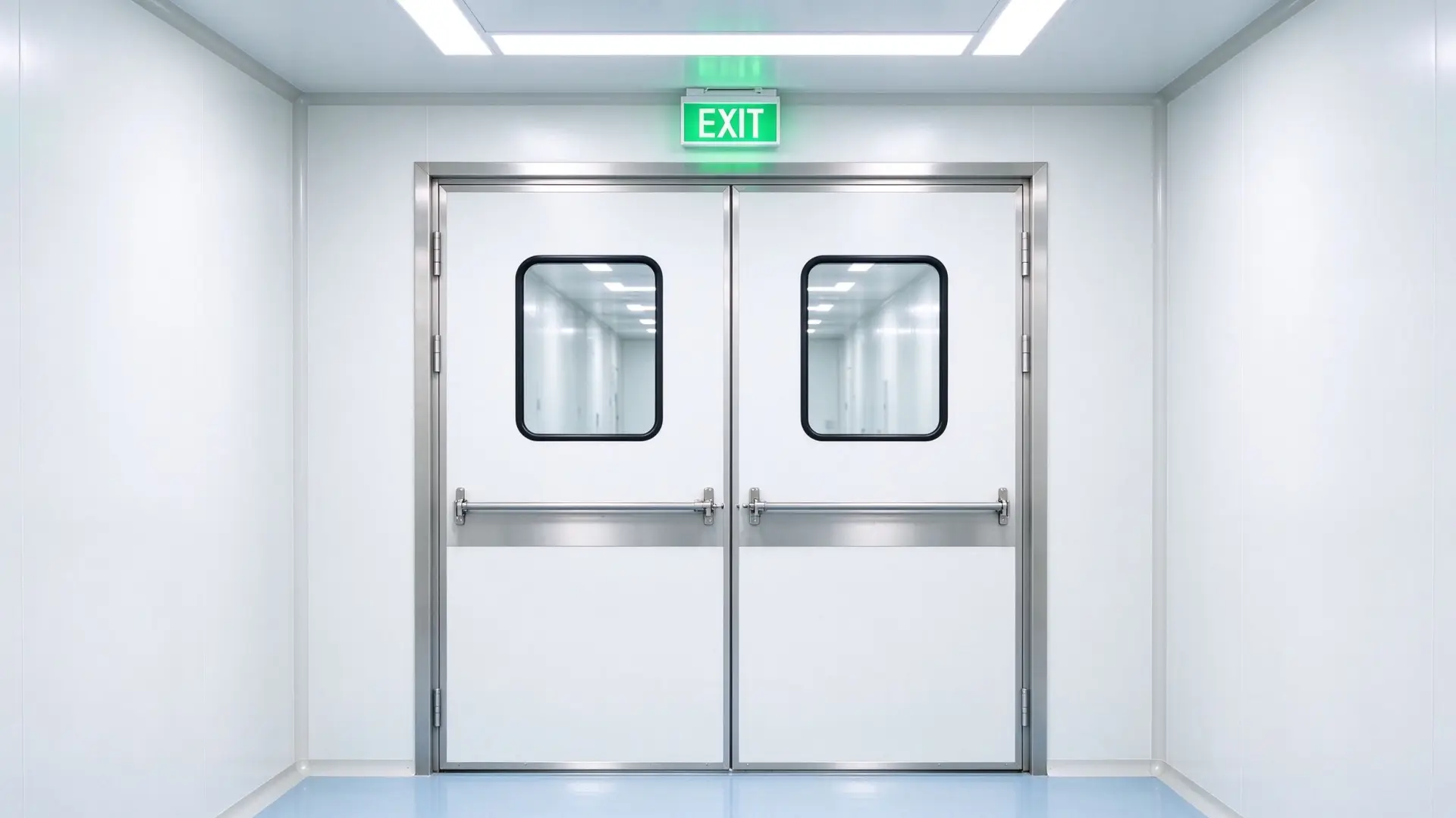 A white double fire exit door with stainless steel panic push bars, flush vision panels, and an illuminated EXIT sign in a cleanroom corridor.
