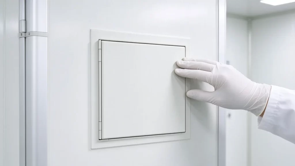 A gloved technician opening a white flush-mounted inspection door integrated into a cleanroom wall panel.