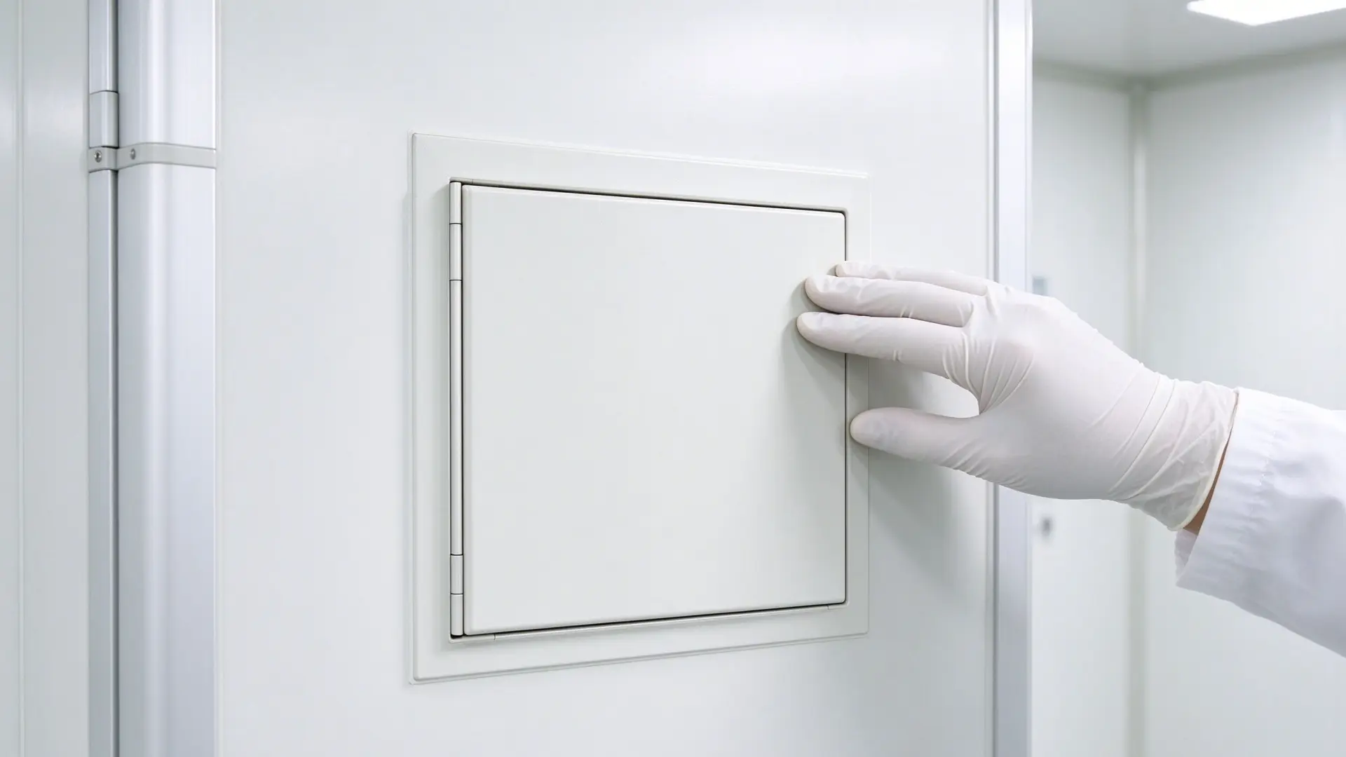 A gloved technician opening a white flush-mounted inspection door integrated into a cleanroom wall panel.