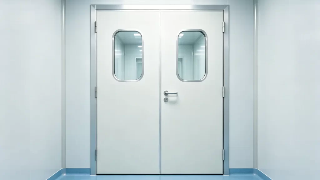 A white steel double door with stainless steel frame, flush vision panels, and a lever handle installed in a cleanroom environment