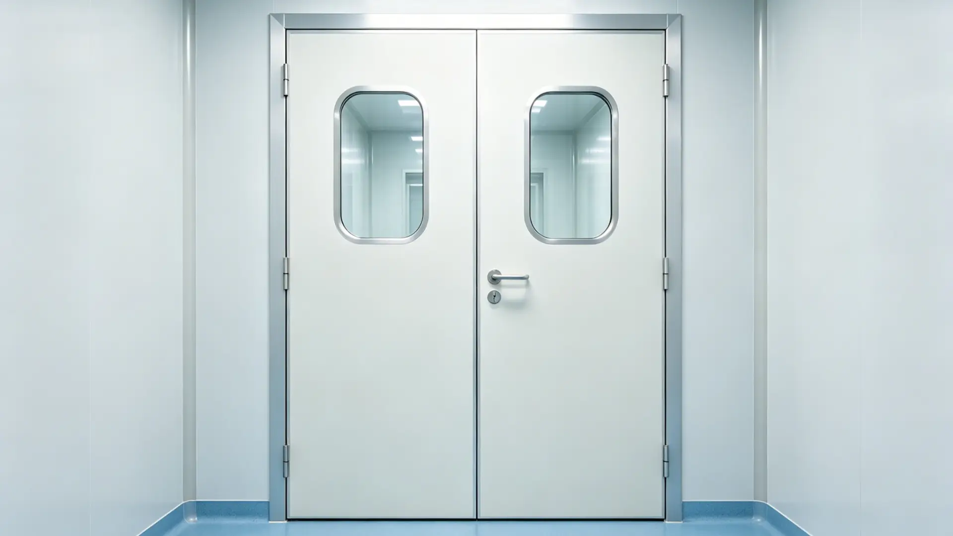 A white steel double door with stainless steel frame, flush vision panels, and a lever handle installed in a cleanroom environment