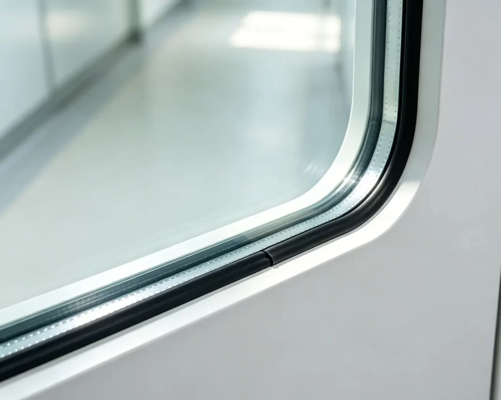 Detail view of a double-layer tempered glass vision panel with a flush white frame and black rubber perimeter seal on a cleanroom door.
