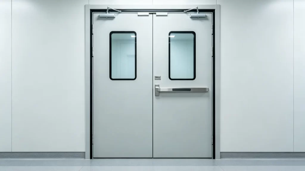 Stainless steel double swing cleanroom doors with flush glass observation windows and emergency exit panic crash bar.