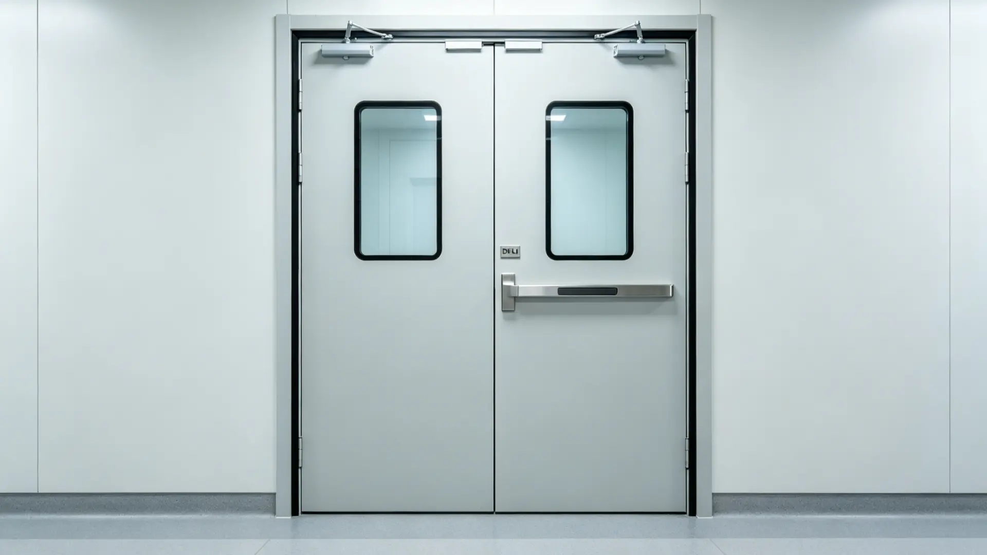 Stainless steel double swing cleanroom doors with flush glass observation windows and emergency exit panic crash bar.