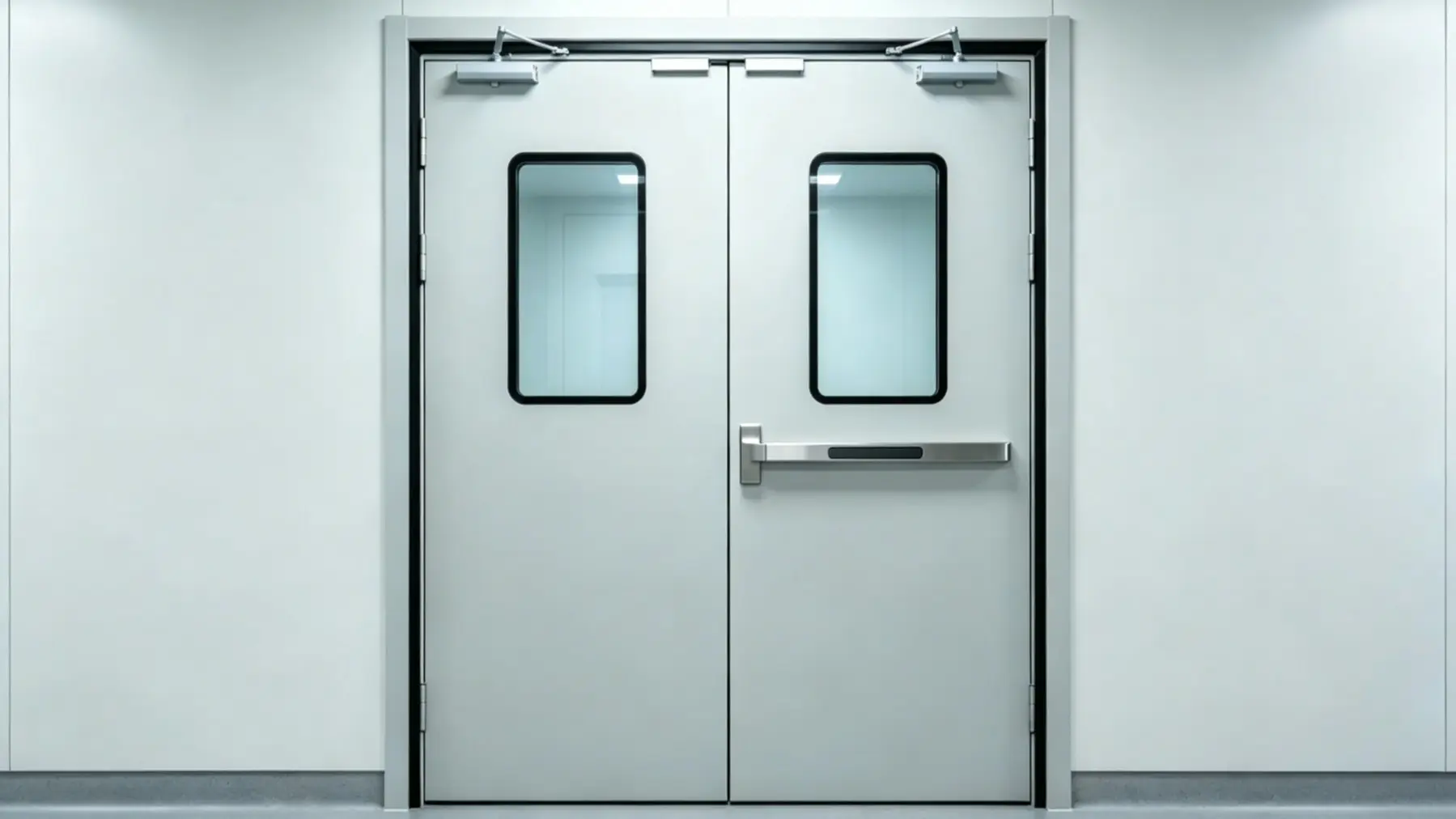 Stainless steel double swing cleanroom doors with flush glass observation windows and emergency exit panic crash bar.