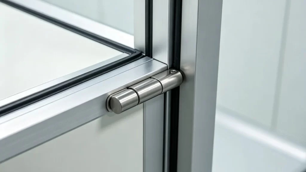 Extreme close-up of a smooth stainless steel hinge and frame seal on a cleanroom door assembly