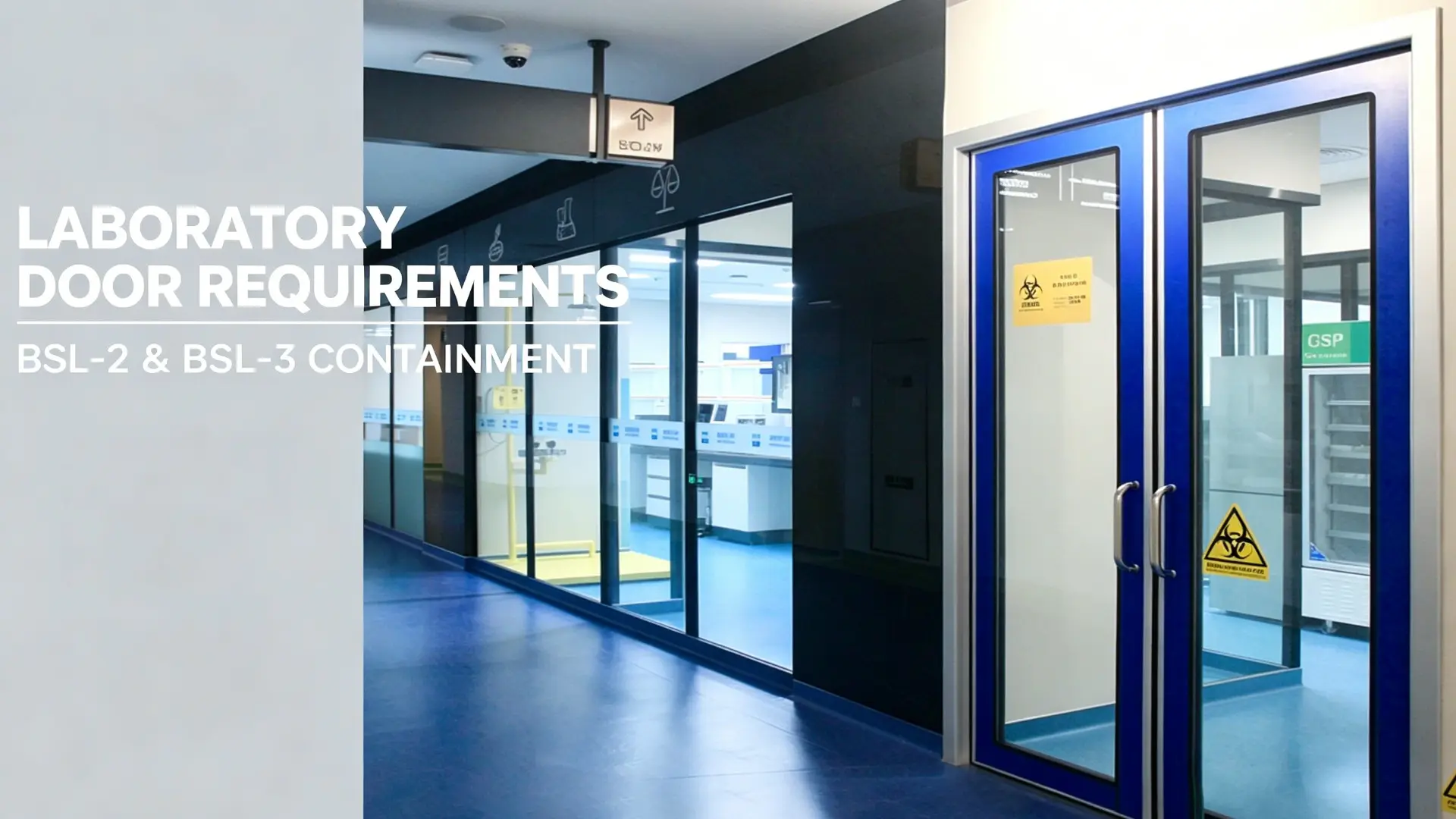 Laboratory cleanroom double glass doors with blue frame in a BSL-2 and BSL-3 containment facility