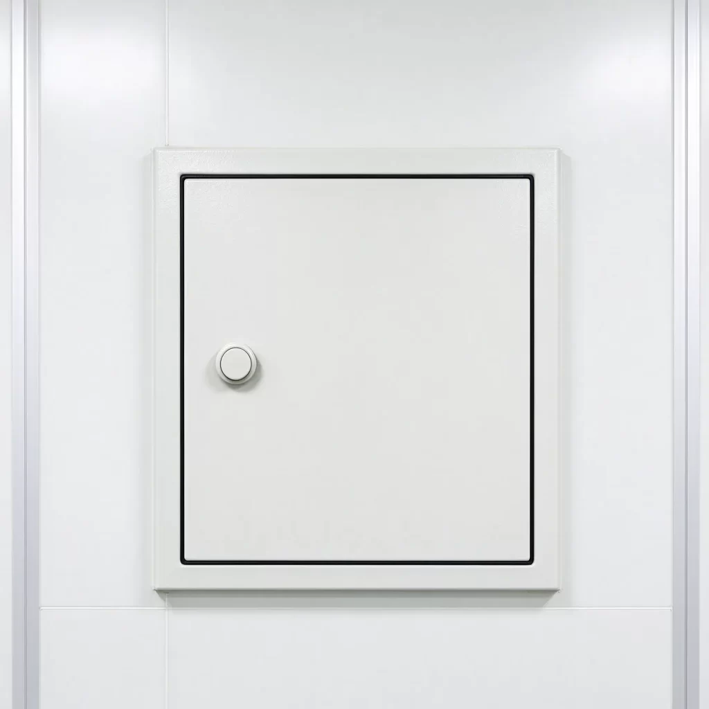 Front view of a square, flush-mounted cleanroom access hatch with a black perimeter seal and push-button latch on a white wall.