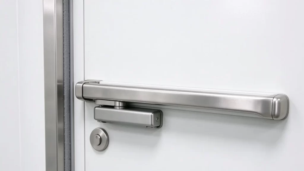 Close-up shot of a stainless steel panic exit push bar, heavy-duty door closer, frame gasket, and cylinder lock on a white cleanroom door