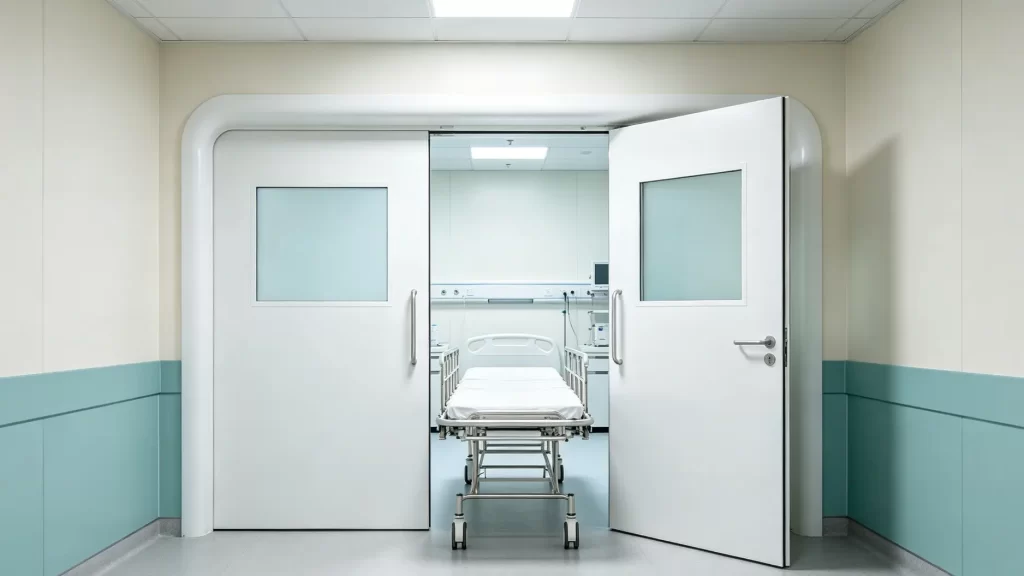 An open E-ZONG white hospital door with observation windows and stainless steel handles leading to a patient room with a gurney.
