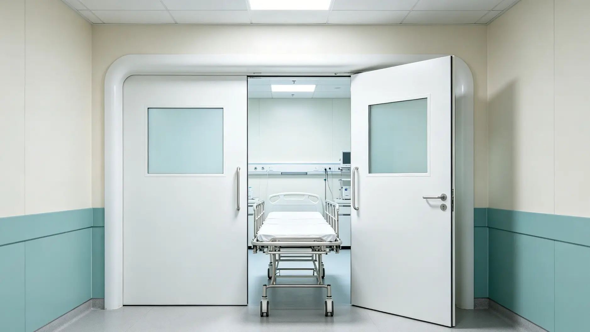 An open E-ZONG white hospital door with observation windows and stainless steel handles leading to a patient room with a gurney.